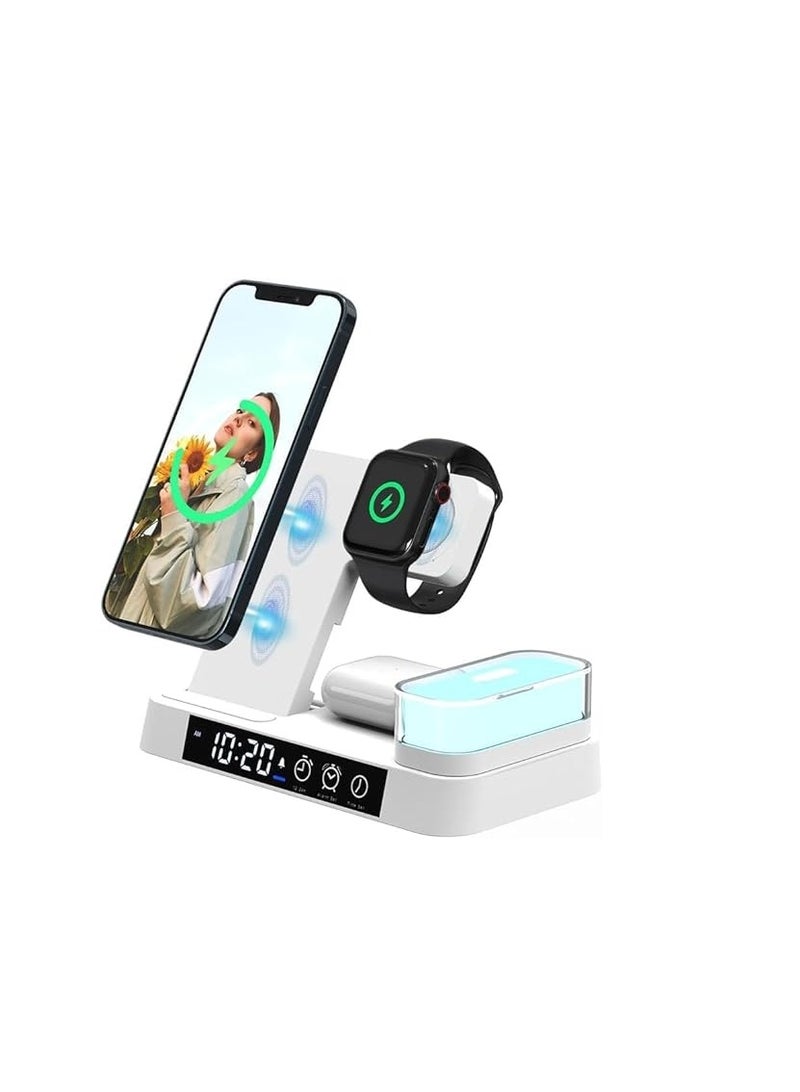 وايرلس محطة شحن مع إضاءة ليلية ووظيفة منبه الساعة لأجهزة Apple، شاحن لاسلكي 30 وات لأجهزة iPhone 15/14/13/12، هاتف Samsung، iwatch 9/8/7، Airpods Pro 2 (أبيض) - Image 1