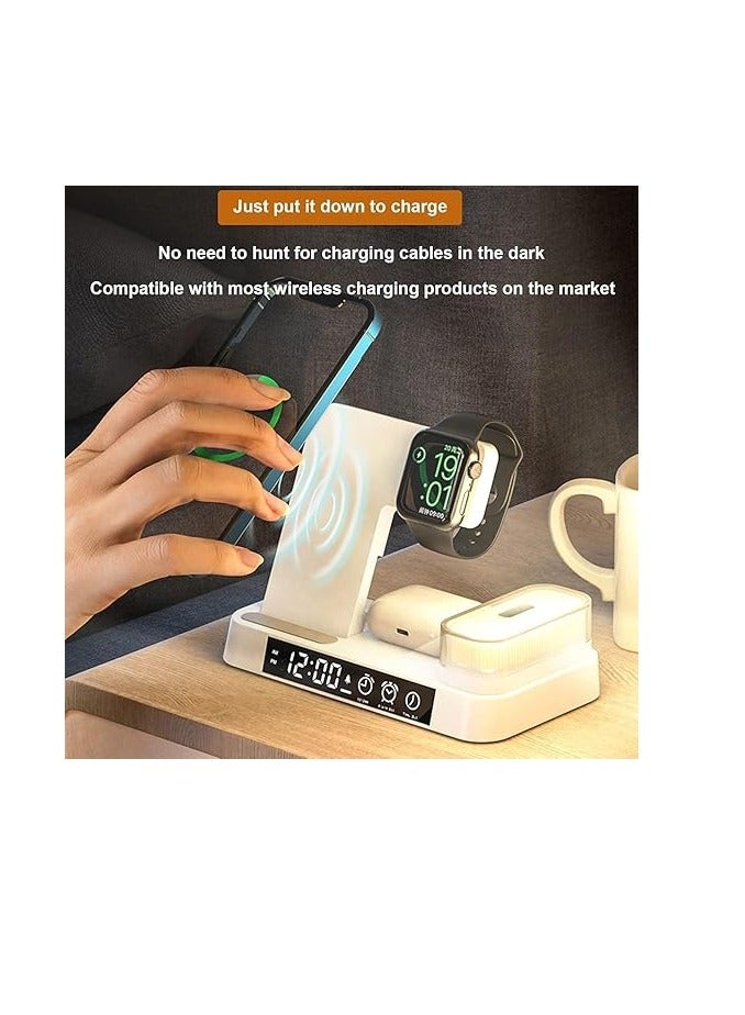 وايرلس محطة شحن مع إضاءة ليلية ووظيفة منبه الساعة لأجهزة Apple، شاحن لاسلكي 30 وات لأجهزة iPhone 15/14/13/12، هاتف Samsung، iwatch 9/8/7، Airpods Pro 2 (أبيض) - Image 2