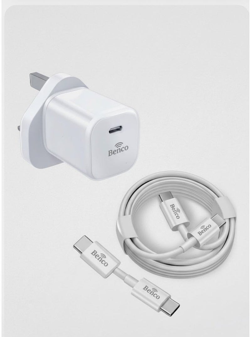 Benco H-Ty-IPh-36 20W Fast Charging Kit - PD Cube Adapter with Type-C Braided Cable - White - Image 1