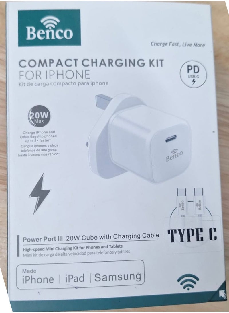 Benco H-Ty-IPh-36 20W Fast Charging Kit - PD Cube Adapter with Type-C Braided Cable - White - Image 4