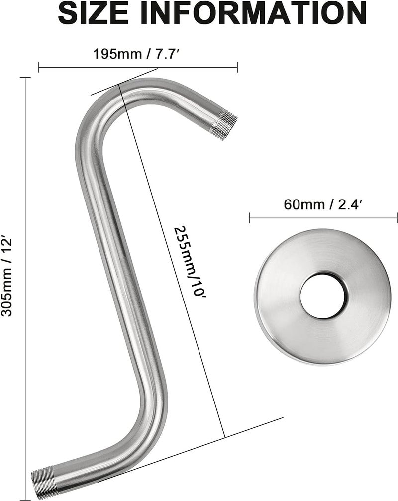 NearMoon S Shaped Shower Head Riser Arm, Shower Extender Arm with Flange, Standard 1/2" Connection- Bathroom Accessory, 10 Inch (1 Pack, Brushed Nickel) - Image 2