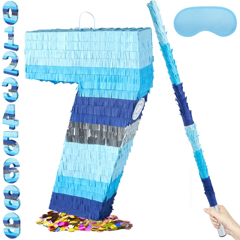 PCFING 20 Inch Number 7 Piata Blue Silver with 30 Inch Piata Stick Blindfold Confetti for Boys Girls Adults Birthday Party Decorations Anniversary Celebration Fiesta - Image 3