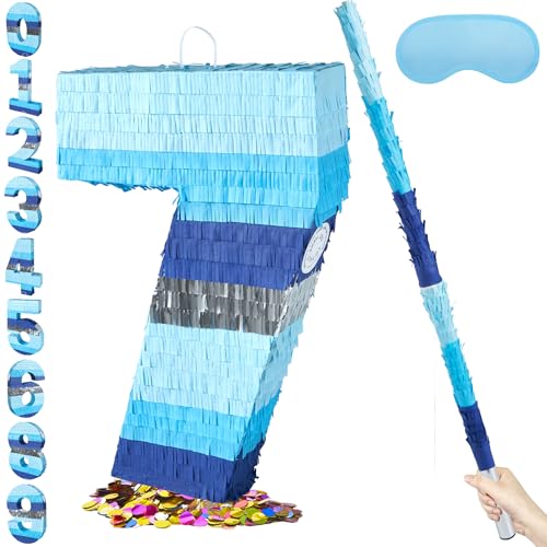 PCFING 20 Inch Number 7 Piata Blue Silver with 30 Inch Piata Stick Blindfold Confetti for Boys Girls Adults Birthday Party Decorations Anniversary Celebration Fiesta - Image 1