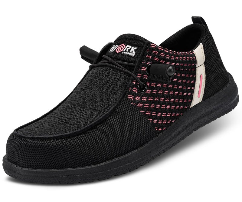 LARNMERN Steel Toe Loafers Women Slip On Work Safety Shoes Lightweight Comfortable Walking Sneakers Casual(10 Women, Black Pink) - Image 1