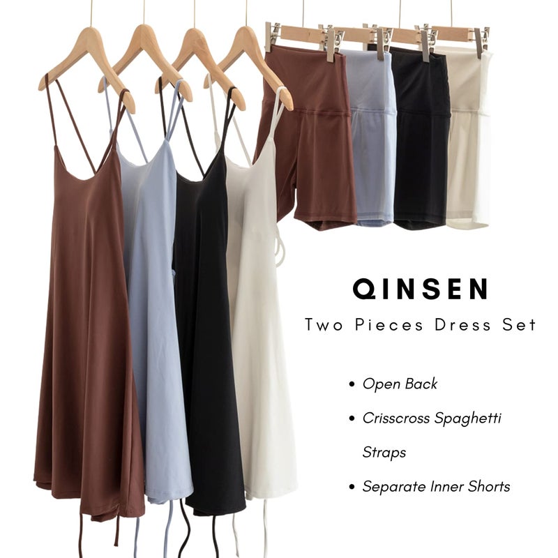 QINSEN Two Piece Workout Exercise Dress with Inner Shorts Golf Athletic Dresses for Women Blue M - Image 5