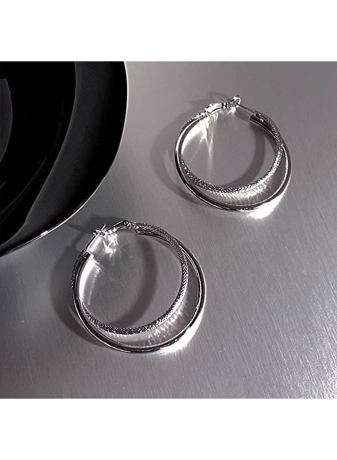 Double Layered Silver Hoop Earrings with Polished Finish and Intricate Texture Exquisite Design for Effortless Daily and Evening Elegance - Image 2