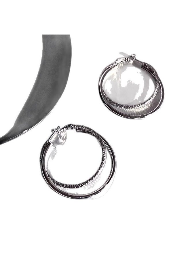 Double Layered Silver Hoop Earrings with Polished Finish and Intricate Texture Exquisite Design for Effortless Daily and Evening Elegance - Image 3