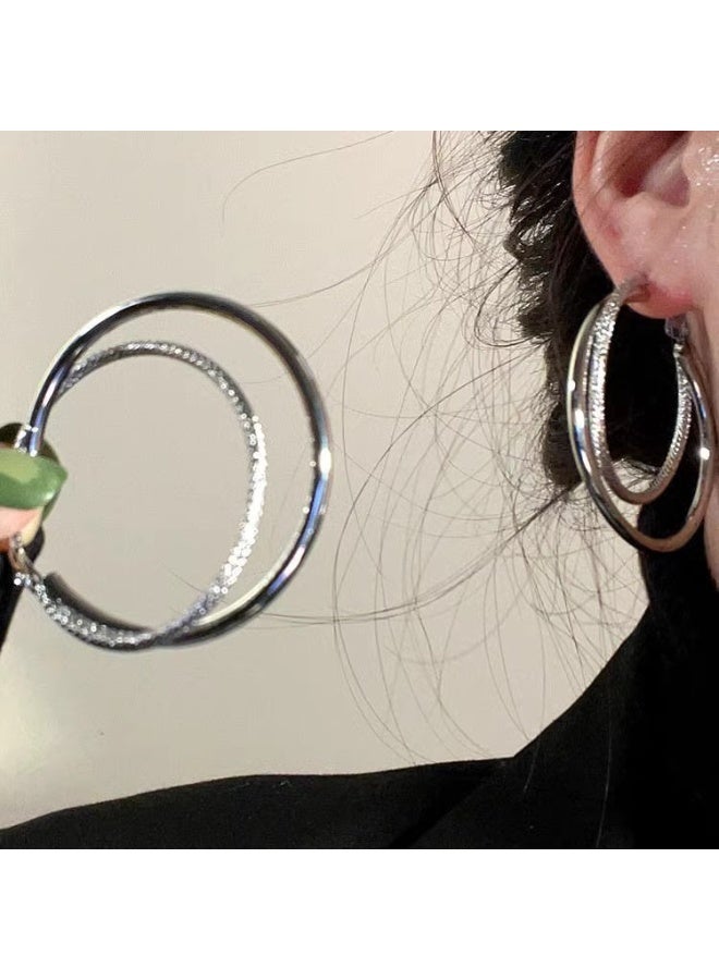Double Layered Silver Hoop Earrings with Polished Finish and Intricate Texture Exquisite Design for Effortless Daily and Evening Elegance - Image 1