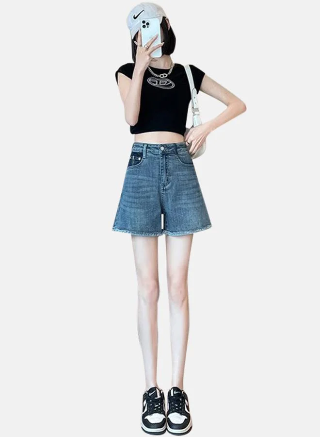 YUNIQEE Blue Solid High-Rise Denim Shorts