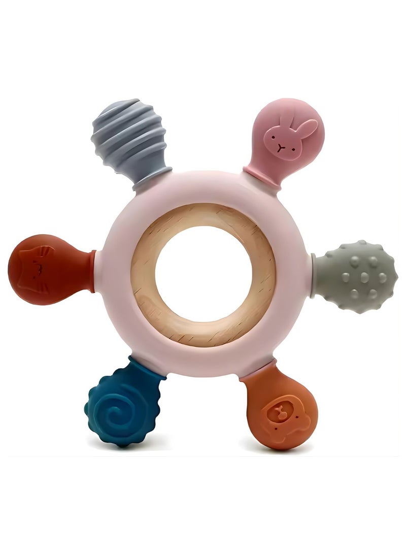 Baby Teething Toys for Infants 3+ Months – Soft Silicone Rudder Teether with Natural Wooden Rings – BPA-Free Teething Relief Toy for Babies – Soothing Chew Toy (Pink) - Image 1