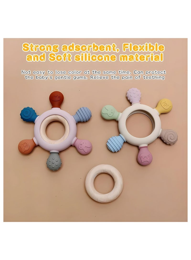Baby Teething Toys for Infants 3+ Months – Soft Silicone Rudder Teether with Natural Wooden Rings – BPA-Free Teething Relief Toy for Babies – Soothing Chew Toy (Pink) - Image 3