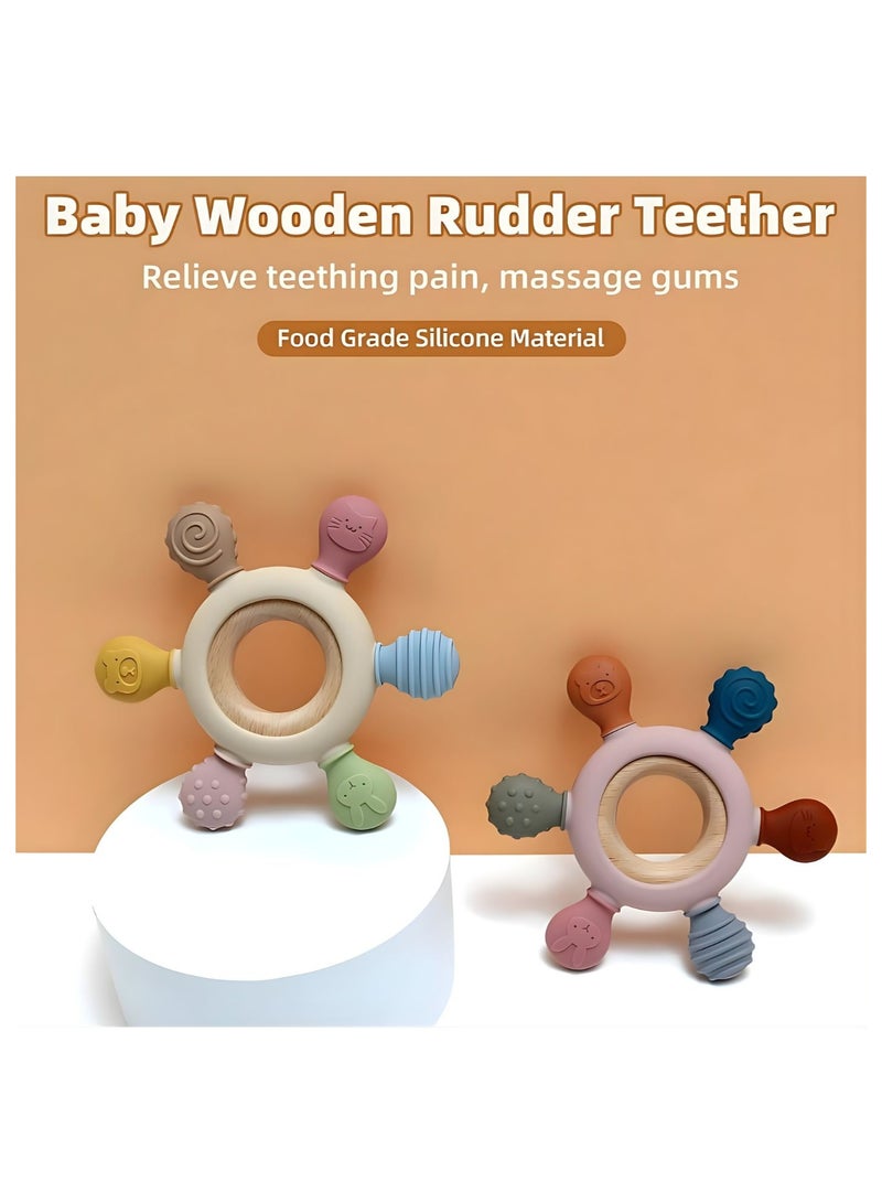 Baby Teething Toys for Infants 3+ Months – Soft Silicone Rudder Teether with Natural Wooden Rings – BPA-Free Teething Relief Toy for Babies – Soothing Chew Toy (Pink) - Image 5