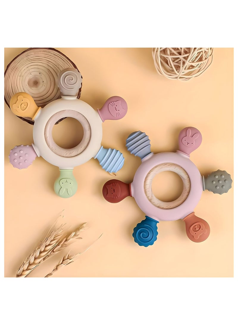 Baby Teething Toys for Infants 3+ Months – Soft Silicone Rudder Teether with Natural Wooden Rings – BPA-Free Teething Relief Toy for Babies – Soothing Chew Toy (Pink) - Image 2