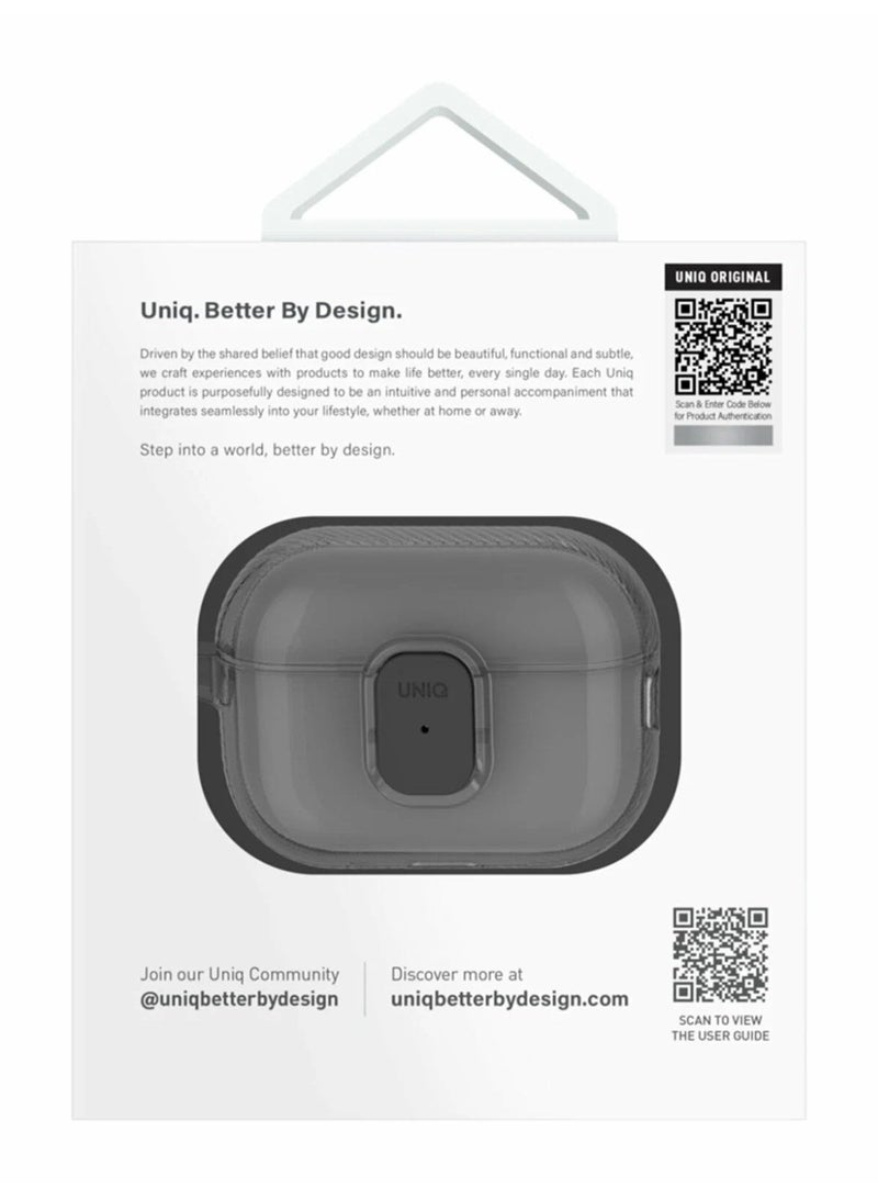 UNIQ AirPods 4 Shell Glaze Pro Lock Case – Smoke | 360° Protective TPU Cover with Secure Lock, Carabiner & Wireless Charging Support | Shock-Resistant Transparent Design for AirPods 4 Smoke Grey - Image 2