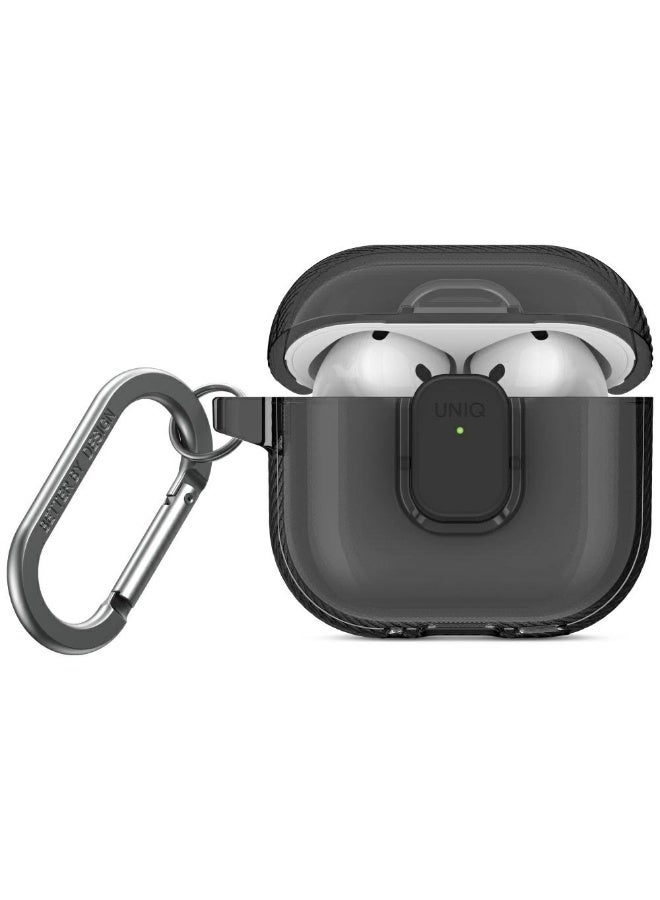 UNIQ AirPods 4 Shell Glaze Pro Lock Case – Smoke | 360° Protective TPU Cover with Secure Lock, Carabiner & Wireless Charging Support | Shock-Resistant Transparent Design for AirPods 4 Smoke Grey - Image 1