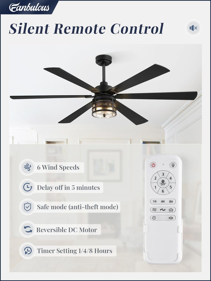 Fanbulous 65" Farmhouse Ceiling Fans with Lights and Remote,Industrial Large Ceiling Fan with 6-Speed Reversible DC Motor and 6 Dual Finish Blades,Black Ceiling Fan with Light for Living bedroom Patio - Image 2