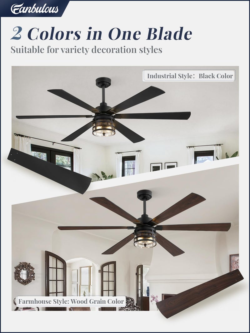 Fanbulous 65" Farmhouse Ceiling Fans with Lights and Remote,Industrial Large Ceiling Fan with 6-Speed Reversible DC Motor and 6 Dual Finish Blades,Black Ceiling Fan with Light for Living bedroom Patio - Image 3