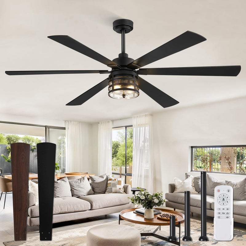 Fanbulous 65" Farmhouse Ceiling Fans with Lights and Remote,Industrial Large Ceiling Fan with 6-Speed Reversible DC Motor and 6 Dual Finish Blades,Black Ceiling Fan with Light for Living bedroom Patio - Image 1