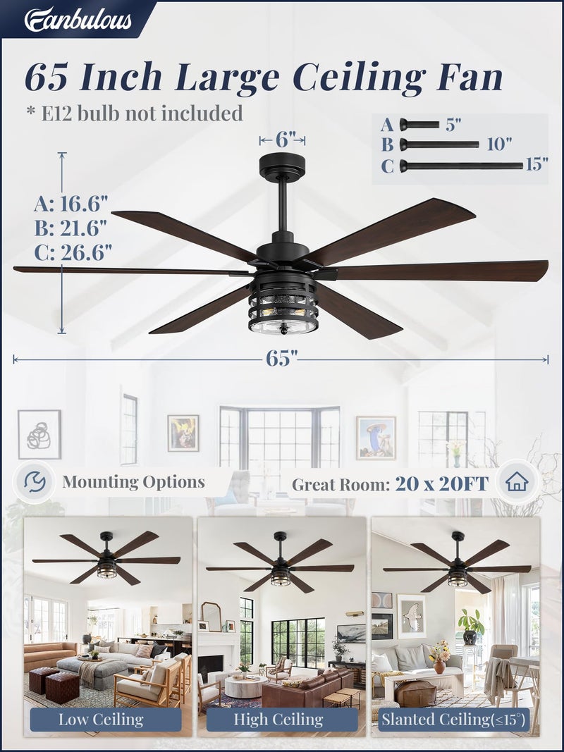Fanbulous 65" Farmhouse Ceiling Fans with Lights and Remote,Industrial Large Ceiling Fan with 6-Speed Reversible DC Motor and 6 Dual Finish Blades,Black Ceiling Fan with Light for Living bedroom Patio - Image 5