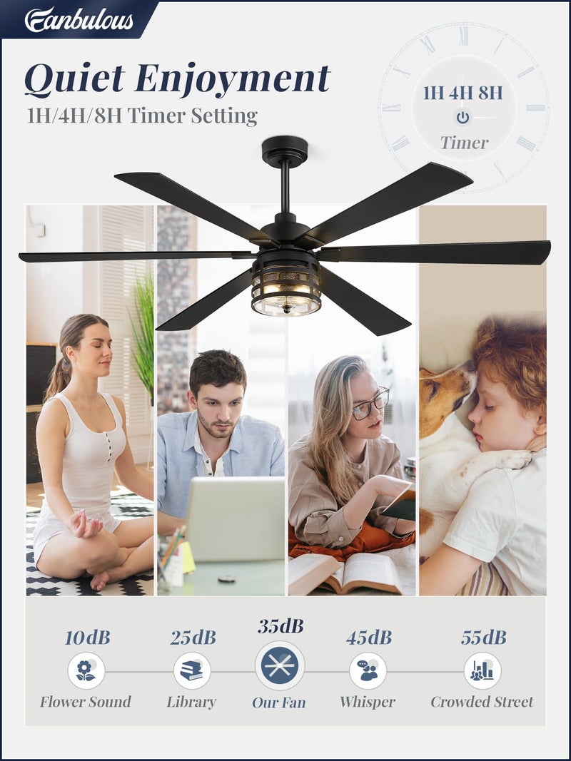 Fanbulous 65" Farmhouse Ceiling Fans with Lights and Remote,Industrial Large Ceiling Fan with 6-Speed Reversible DC Motor and 6 Dual Finish Blades,Black Ceiling Fan with Light for Living bedroom Patio - Image 4