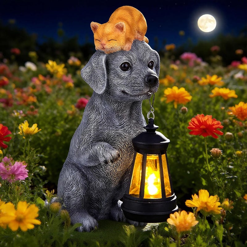 ILLUMINEW Solar Dog Garden Statue with Lantern and Sleeping Cat – Resin Pet Figurine Light for Outdoor Yard Decor, Gifts for Women, Mom, Grandma - Image 1