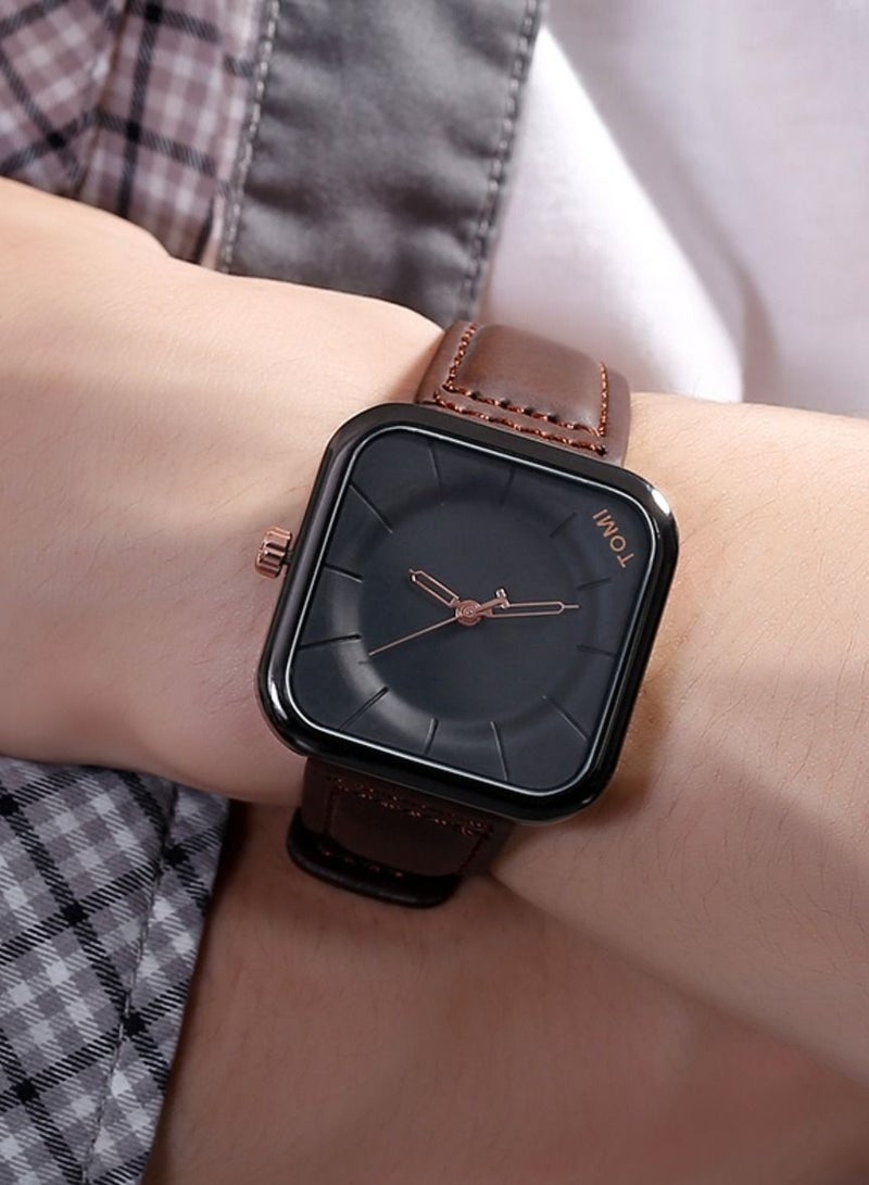 TOMI elegant dark brown leather strap analog watch for men and women, watch face size 42 MM - Image 3