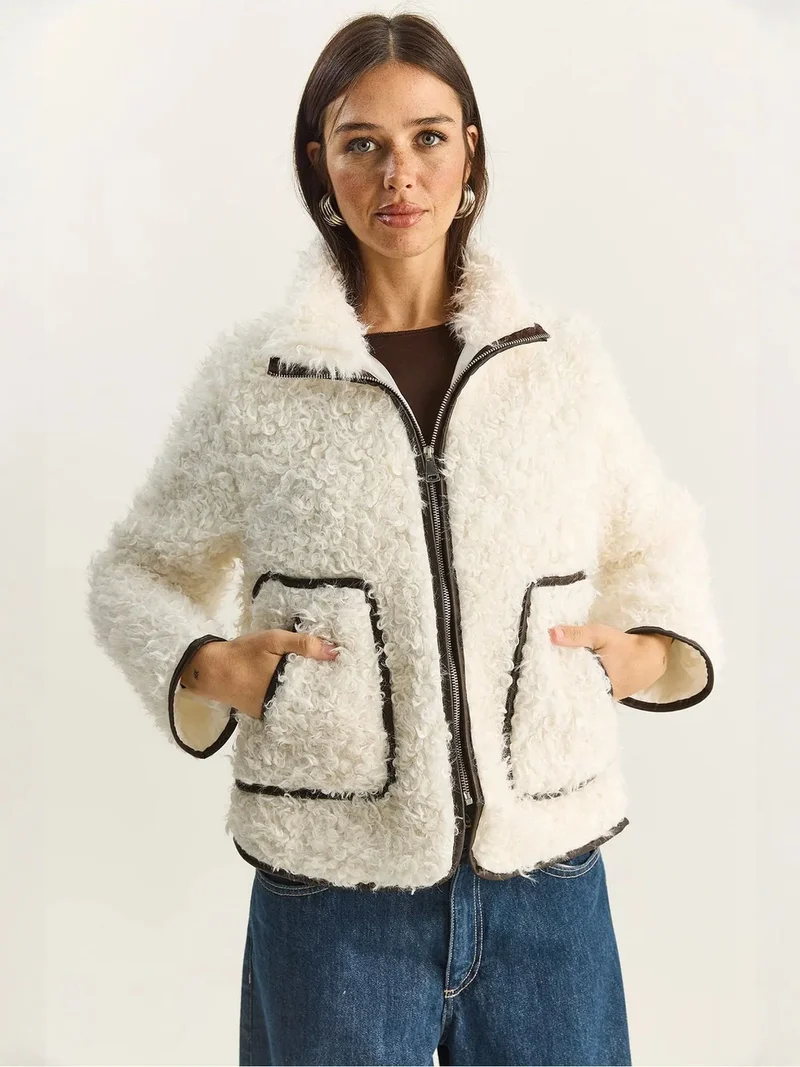 Bianco Lucci LUCCI Faux Leather Detailed Plush Jacket