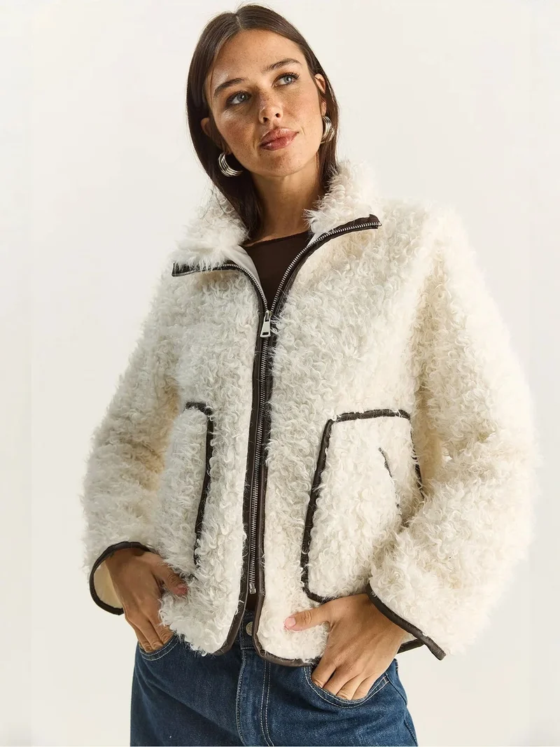 Bianco Lucci LUCCI Faux Leather Detailed Plush Jacket