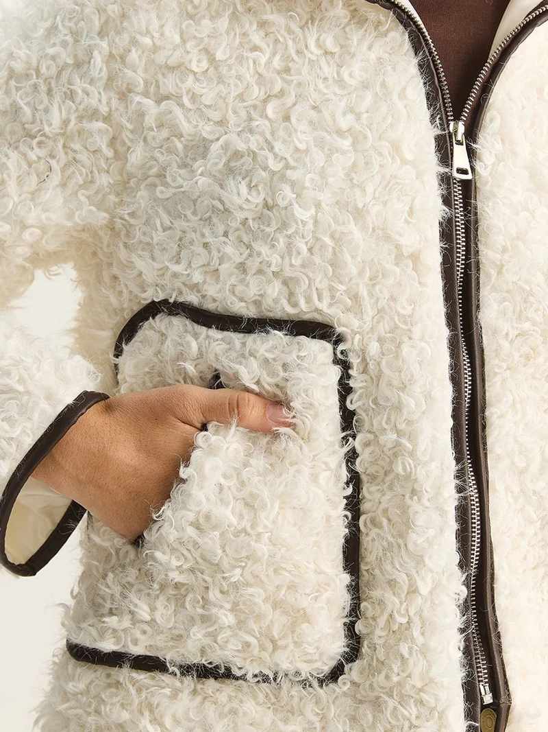 Bianco Lucci Ivory Natural LUCCI Faux Leather Detailed Plush Jacket for Women | Best Price UAE