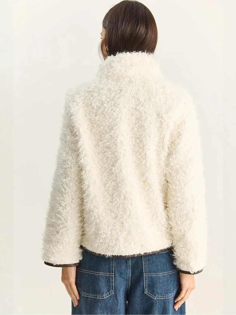 Bianco Lucci Ivory Natural LUCCI Faux Leather Detailed Plush Jacket for Women | Best Price UAE