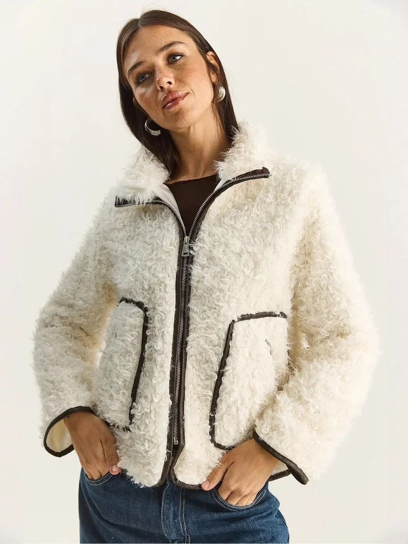 Bianco Lucci Ivory Natural LUCCI Faux Leather Detailed Plush Jacket for Women | Best Price UAE