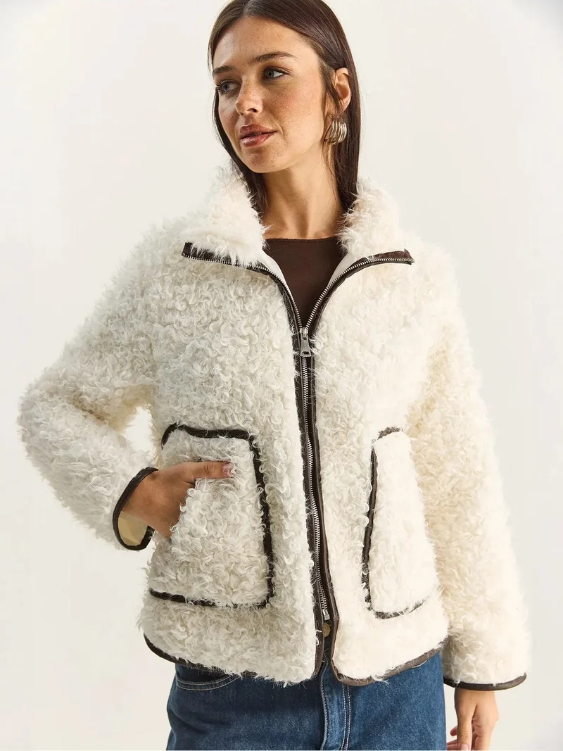 Bianco Lucci Ivory Natural LUCCI Faux Leather Detailed Plush Jacket for Women | Best Price UAE