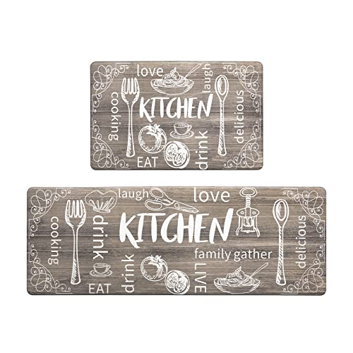HEBE Kitchen Mats for Floor Set of 2 Thick Anti Fatigue Mat for Cushioned, Waterproof Non-Slip Rugs Comfort Standing Chef Mat for Kitchen Sink, Laundry Room, Farmhouse Home Decor, Brown - Image 1