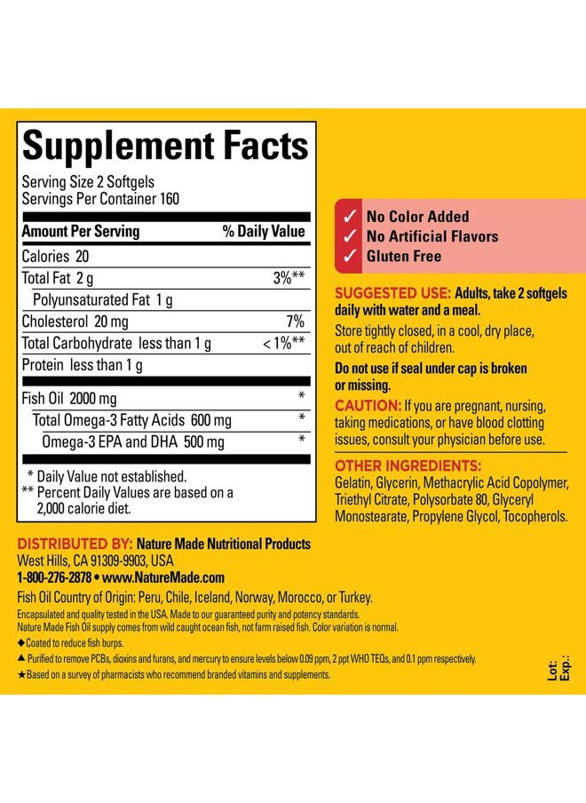 Nature Made - Burp Less Fish Oil 1000 mg Softgels, Fish Oil Supplements, Omega 3 Fish Oil for Healthy Heart Support, Omega 3 Supplement with 320 Softgels, 160 Day Supply - Image 1