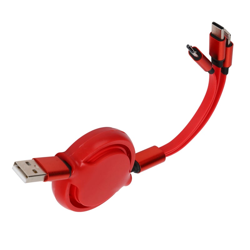 3 In 1 Charger Cable 1M/3.3Ft Chinese Red Roller Structure Design Retractable Charging Cable - Anti-Oxidation Metal Head High-Quality Thread Body Safe Fast Charging Universal Charger Cable for Busines - Image 3
