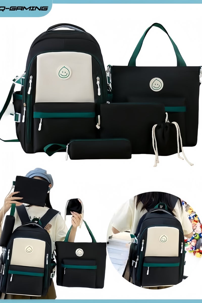 HQ-GAMING 5PCS Backpack Set for Girls, Schoolbag with Cute Bear Accessories - School Bookbag, Shoulder Bag, Handbag, Pen Pouch & Small Bag- Perfect for Student Back to School Supplies (Black)  - Image 1