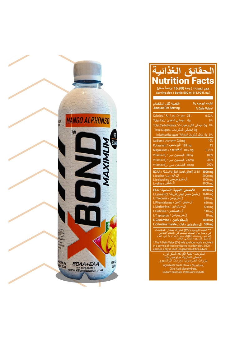 Xbond Energy - X-BOND 9g BCAA + EAA Mango Alphonso Maximum Recovery Non Carbonated Drink Maximum Amino Drink Electrolytes Drink 16 fl oz 500 ml Sugar Free 34 Calories 60 Mg - Image 1