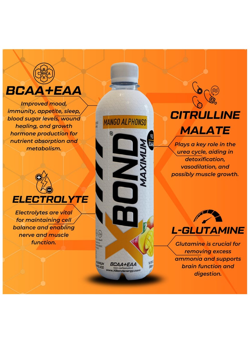 Xbond Energy - X-BOND 9g BCAA + EAA Mango Alphonso Maximum Recovery Non Carbonated Drink Maximum Amino Drink Electrolytes Drink 16 fl oz 500 ml Sugar Free 34 Calories 60 Mg - Image 1