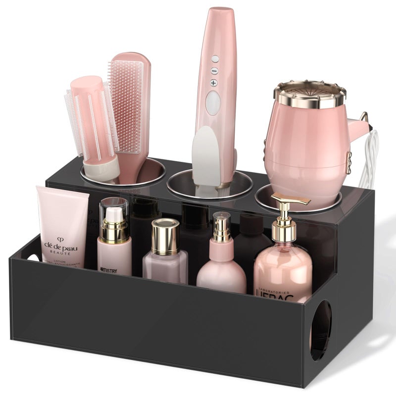 NIUBEE Hair Tool Organizer Black Acrylic Hair Dryer and Styling Holder Bathroom Countertop Blow Dryer Holder Vanity Caddy Storage Stand for Accessories Makeup Toiletries