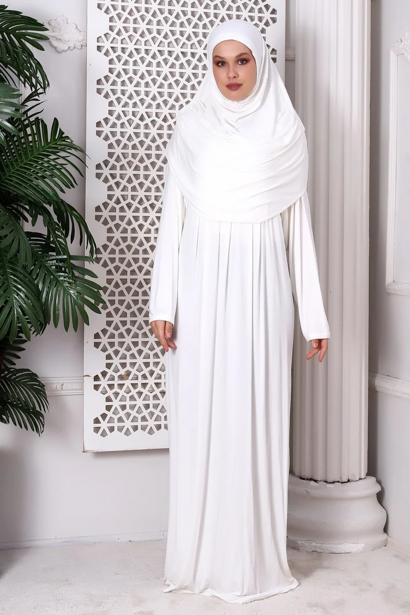 İhvan Online One Piece Practical Headscarf Robe Prayer Dress 8015 Off White