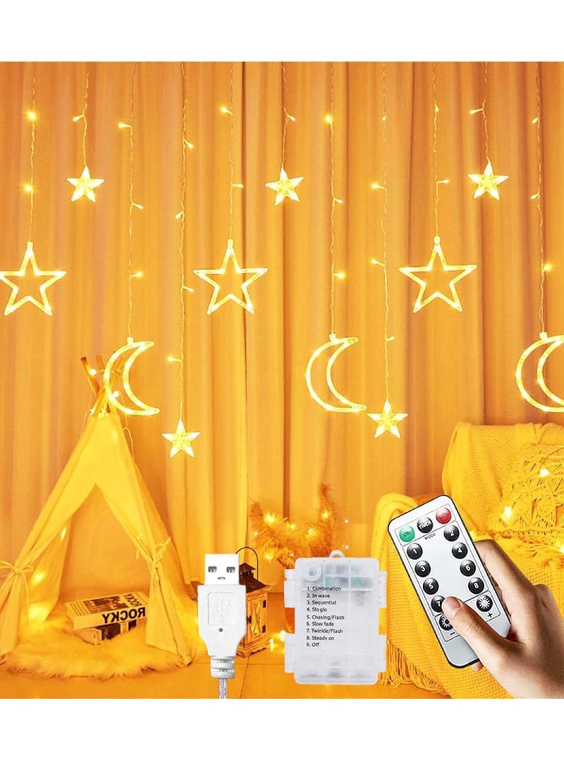 يوويل جهاز تحكم عن بعد 3 في 1، أضواء رمضان تعمل بالبطارية وUSB، ديكورات رمضان للمنزل، ستارة نافذة أضواء القمر على شكل نجمة لحفلة رمضان، أضواء ديوالي معلقة باللون الأبيض الدافئ  - Image 1