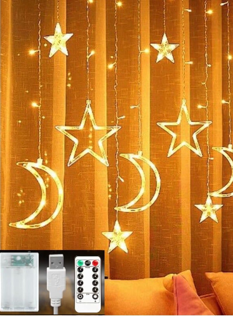 يوويل جهاز تحكم عن بعد 3 في 1، أضواء رمضان تعمل بالبطارية وUSB، ديكورات رمضان للمنزل، ستارة نافذة أضواء القمر على شكل نجمة لحفلة رمضان، أضواء ديوالي معلقة باللون الأبيض الدافئ  - Image 3