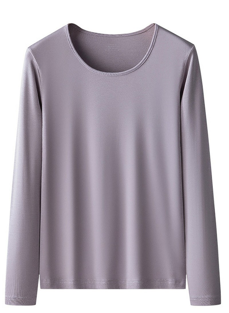 Loquat - Womens Solid Color Round-Neck Thin Thermal Underwear Shirt Cold Weather Base Layer,Long Sleeve T-Shirt Loungewear Greyish Purple - Image 1