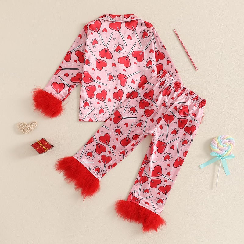 Ayalinggo Toddler Kids Baby Girl Solid Pjs Ruffle Long Sleeve Button Shirt Top and Pants Cotton 2Piece Pajamas Set (Love heart candy, 2-3 Years) - Image 3