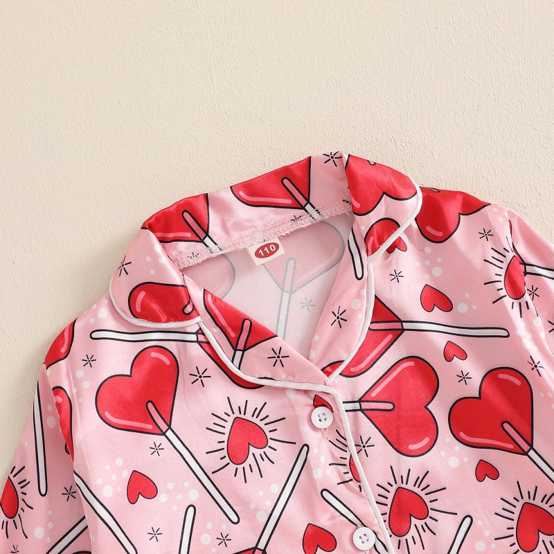 Ayalinggo Toddler Kids Baby Girl Solid Pjs Ruffle Long Sleeve Button Shirt Top and Pants Cotton 2Piece Pajamas Set (Love heart candy, 2-3 Years) - Image 4