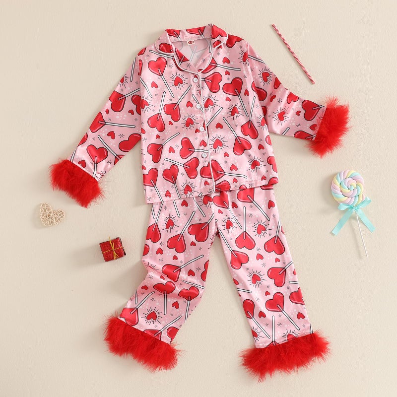 Ayalinggo Toddler Kids Baby Girl Solid Pjs Ruffle Long Sleeve Button Shirt Top and Pants Cotton 2Piece Pajamas Set (Love heart candy, 2-3 Years) - Image 2