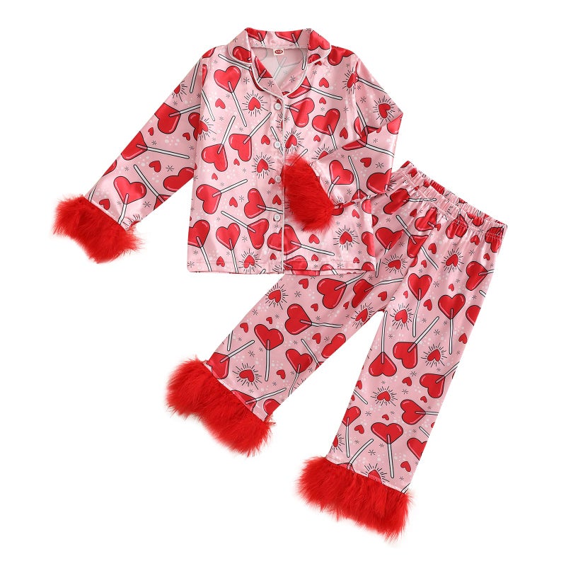 Ayalinggo Toddler Kids Baby Girl Solid Pjs Ruffle Long Sleeve Button Shirt Top and Pants Cotton 2Piece Pajamas Set (Love heart candy, 2-3 Years) - Image 1