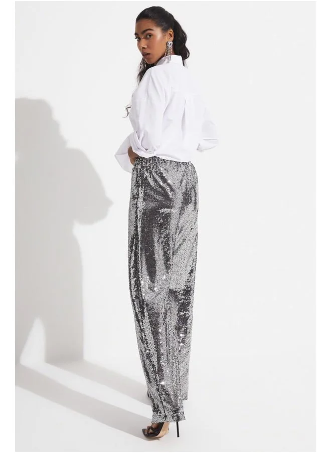 JUNE June Sequined Loose Trouser Silver