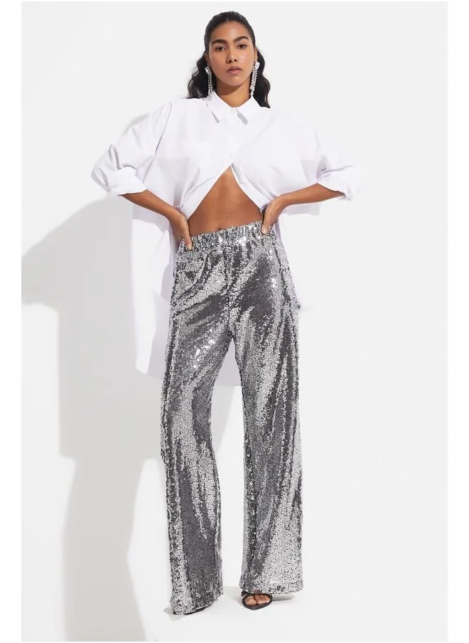 JUNE June Sequined Loose Trouser Silver
