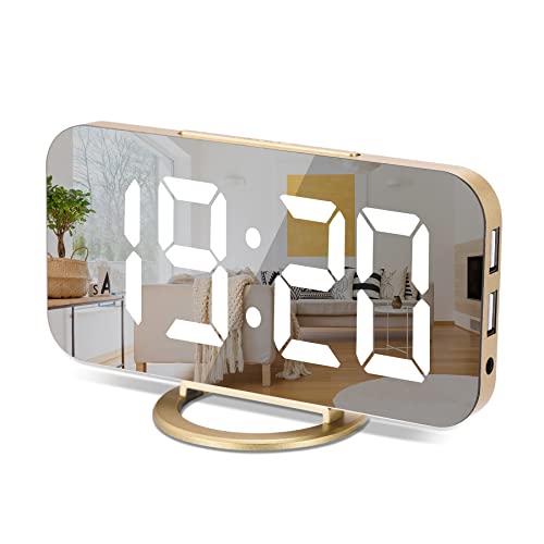 Sukeen Digital Alarm Clock,6" Large LED Display with Dual USB Charger Ports | Auto Dimmer Mode | Easy Snooze Function, Modern Mirror Desk Wall Clock for Bedroom Home Office for All People (Gold) - Image 1
